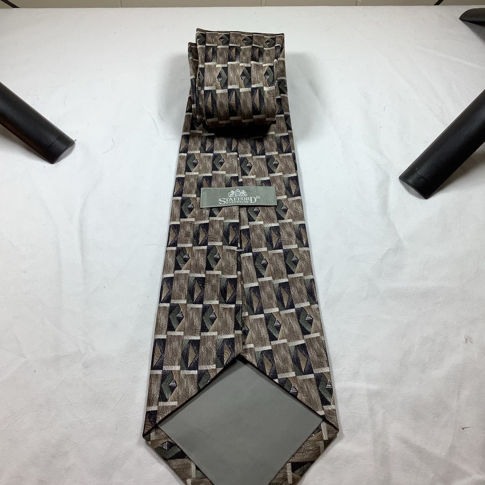 Stafford‎ Signature Silk Tie Brown Green Gray Geometric Mens Necktie